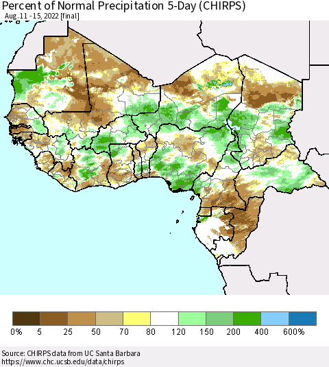 Western Africa Percent of Normal Precipitation 5-Day (CHIRPS) Thematic Map For 8/11/2022 - 8/15/2022