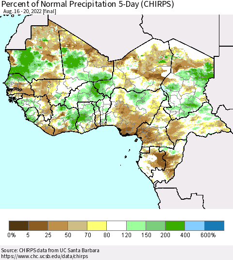 Western Africa Percent of Normal Precipitation 5-Day (CHIRPS) Thematic Map For 8/16/2022 - 8/20/2022