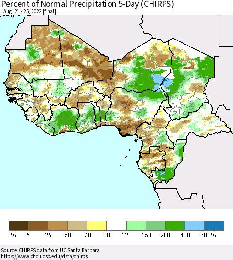 Western Africa Percent of Normal Precipitation 5-Day (CHIRPS) Thematic Map For 8/21/2022 - 8/25/2022