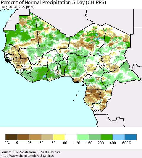 Western Africa Percent of Normal Precipitation 5-Day (CHIRPS) Thematic Map For 8/26/2022 - 8/31/2022