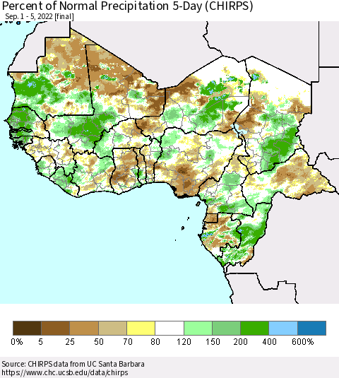 Western Africa Percent of Normal Precipitation 5-Day (CHIRPS) Thematic Map For 9/1/2022 - 9/5/2022