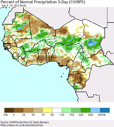 Western Africa Percent of Normal Precipitation 5-Day (CHIRPS) Thematic Map For 9/6/2022 - 9/10/2022