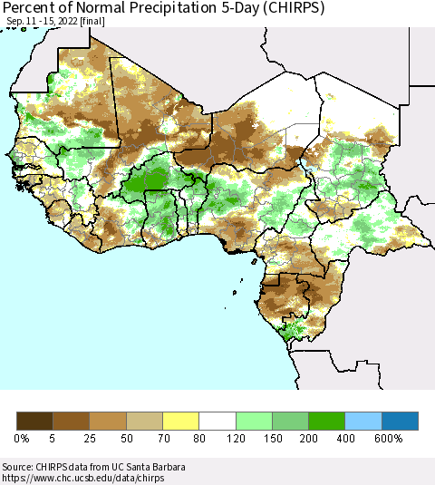 Western Africa Percent of Normal Precipitation 5-Day (CHIRPS) Thematic Map For 9/11/2022 - 9/15/2022