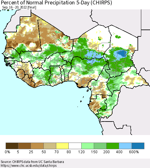 Western Africa Percent of Normal Precipitation 5-Day (CHIRPS) Thematic Map For 9/16/2022 - 9/20/2022