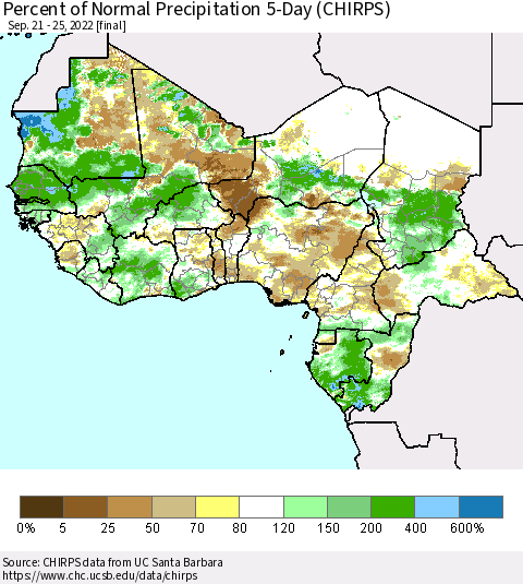 Western Africa Percent of Normal Precipitation 5-Day (CHIRPS) Thematic Map For 9/21/2022 - 9/25/2022