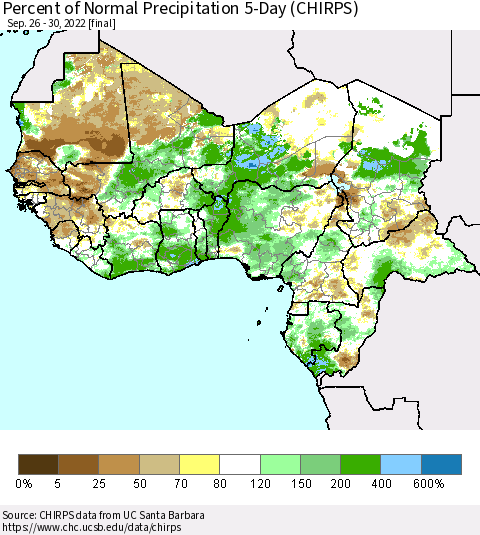 Western Africa Percent of Normal Precipitation 5-Day (CHIRPS) Thematic Map For 9/26/2022 - 9/30/2022