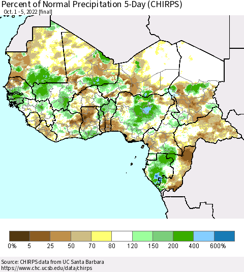 Western Africa Percent of Normal Precipitation 5-Day (CHIRPS) Thematic Map For 10/1/2022 - 10/5/2022