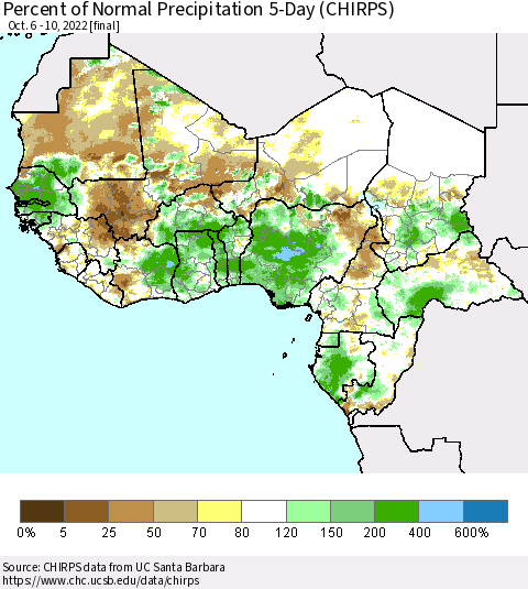 Western Africa Percent of Normal Precipitation 5-Day (CHIRPS) Thematic Map For 10/6/2022 - 10/10/2022