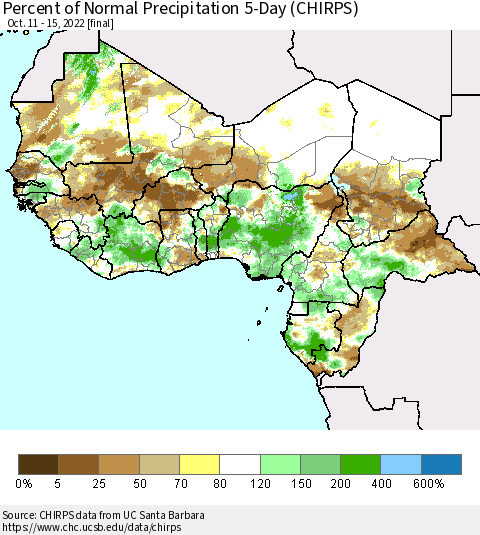 Western Africa Percent of Normal Precipitation 5-Day (CHIRPS) Thematic Map For 10/11/2022 - 10/15/2022