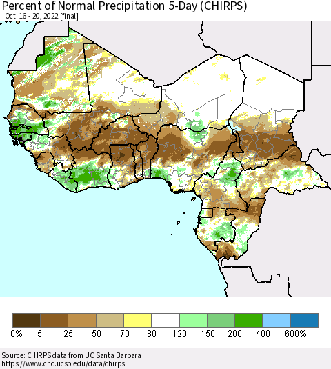 Western Africa Percent of Normal Precipitation 5-Day (CHIRPS) Thematic Map For 10/16/2022 - 10/20/2022