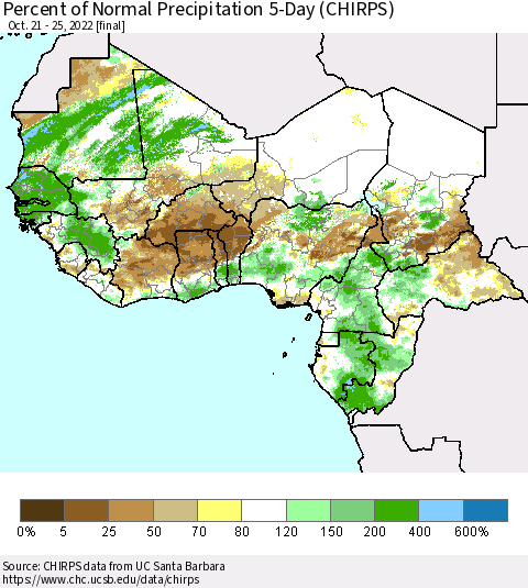Western Africa Percent of Normal Precipitation 5-Day (CHIRPS) Thematic Map For 10/21/2022 - 10/25/2022