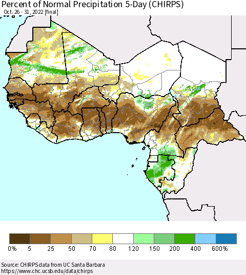 Western Africa Percent of Normal Precipitation 5-Day (CHIRPS) Thematic Map For 10/26/2022 - 10/31/2022