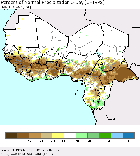 Western Africa Percent of Normal Precipitation 5-Day (CHIRPS) Thematic Map For 11/1/2022 - 11/5/2022