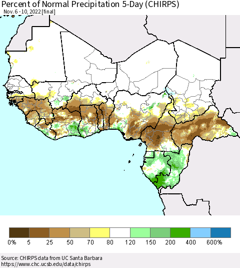 Western Africa Percent of Normal Precipitation 5-Day (CHIRPS) Thematic Map For 11/6/2022 - 11/10/2022