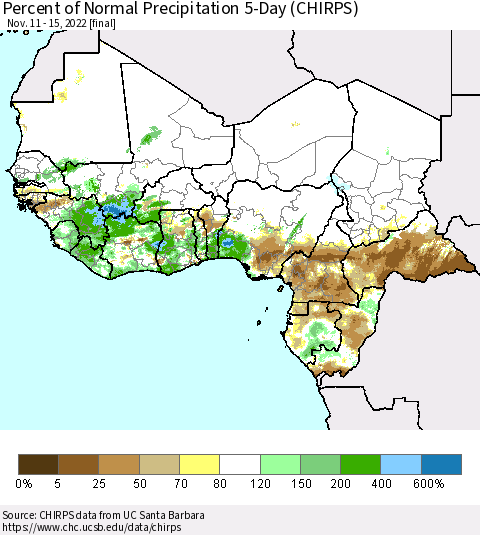Western Africa Percent of Normal Precipitation 5-Day (CHIRPS) Thematic Map For 11/11/2022 - 11/15/2022