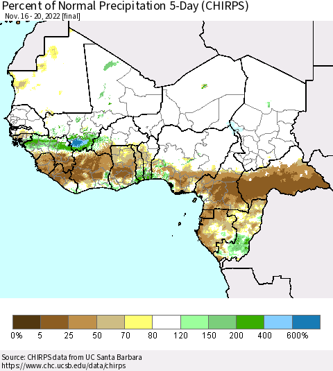Western Africa Percent of Normal Precipitation 5-Day (CHIRPS) Thematic Map For 11/16/2022 - 11/20/2022