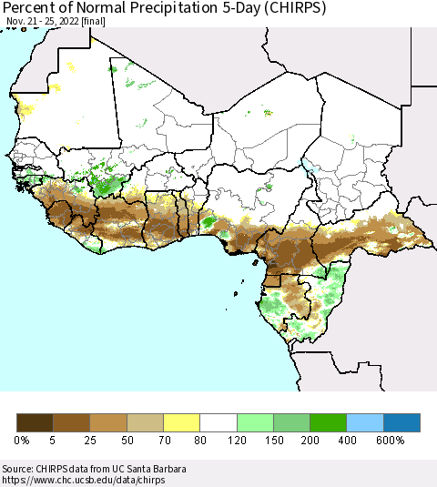 Western Africa Percent of Normal Precipitation 5-Day (CHIRPS) Thematic Map For 11/21/2022 - 11/25/2022
