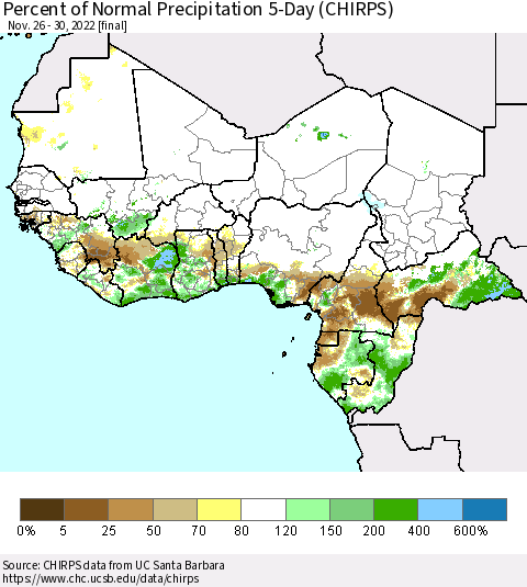 Western Africa Percent of Normal Precipitation 5-Day (CHIRPS) Thematic Map For 11/26/2022 - 11/30/2022
