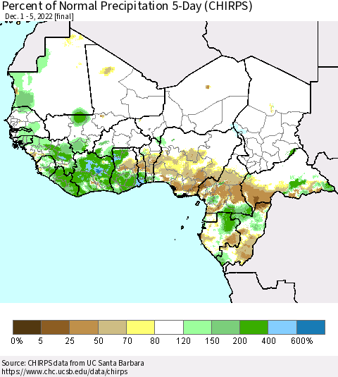 Western Africa Percent of Normal Precipitation 5-Day (CHIRPS) Thematic Map For 12/1/2022 - 12/5/2022