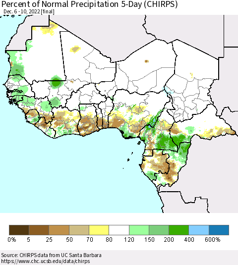 Western Africa Percent of Normal Precipitation 5-Day (CHIRPS) Thematic Map For 12/6/2022 - 12/10/2022