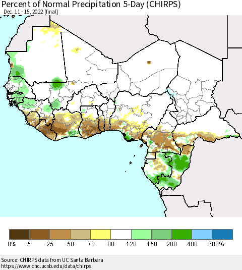 Western Africa Percent of Normal Precipitation 5-Day (CHIRPS) Thematic Map For 12/11/2022 - 12/15/2022