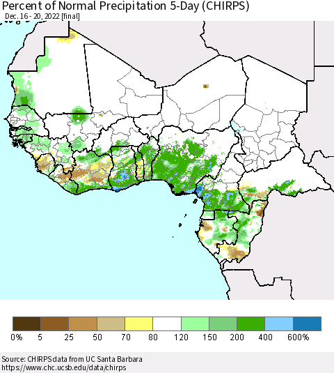 Western Africa Percent of Normal Precipitation 5-Day (CHIRPS) Thematic Map For 12/16/2022 - 12/20/2022