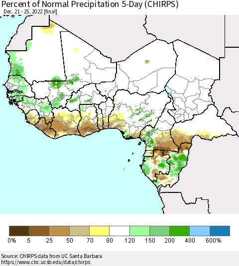 Western Africa Percent of Normal Precipitation 5-Day (CHIRPS) Thematic Map For 12/21/2022 - 12/25/2022