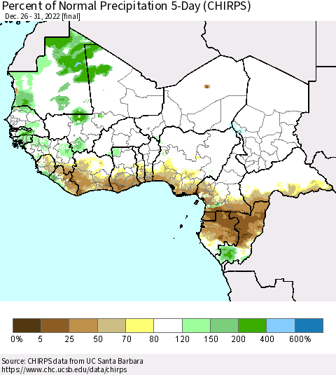 Western Africa Percent of Normal Precipitation 5-Day (CHIRPS) Thematic Map For 12/26/2022 - 12/31/2022