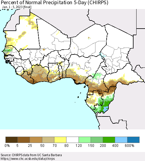 Western Africa Percent of Normal Precipitation 5-Day (CHIRPS) Thematic Map For 1/1/2023 - 1/5/2023