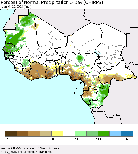 Western Africa Percent of Normal Precipitation 5-Day (CHIRPS) Thematic Map For 1/6/2023 - 1/10/2023