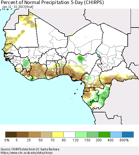 Western Africa Percent of Normal Precipitation 5-Day (CHIRPS) Thematic Map For 1/11/2023 - 1/15/2023