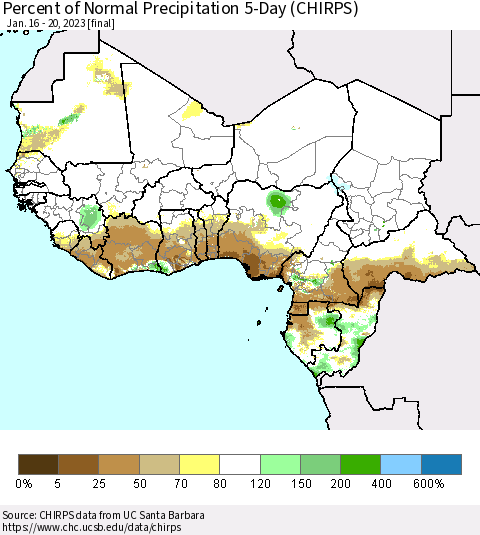 Western Africa Percent of Normal Precipitation 5-Day (CHIRPS) Thematic Map For 1/16/2023 - 1/20/2023