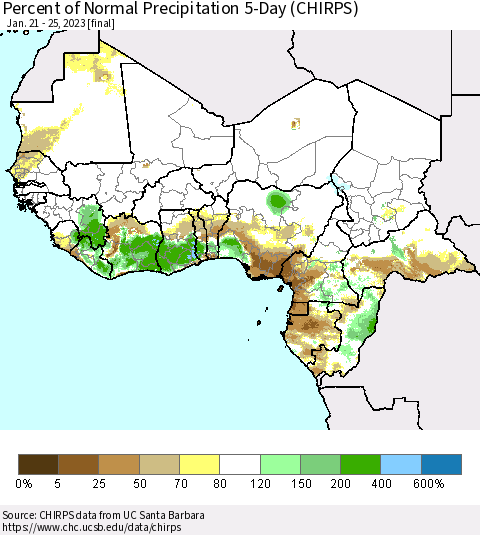 Western Africa Percent of Normal Precipitation 5-Day (CHIRPS) Thematic Map For 1/21/2023 - 1/25/2023