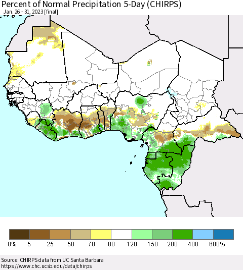 Western Africa Percent of Normal Precipitation 5-Day (CHIRPS) Thematic Map For 1/26/2023 - 1/31/2023