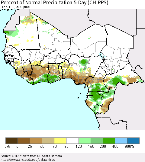 Western Africa Percent of Normal Precipitation 5-Day (CHIRPS) Thematic Map For 2/1/2023 - 2/5/2023