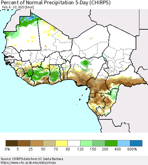 Western Africa Percent of Normal Precipitation 5-Day (CHIRPS) Thematic Map For 2/6/2023 - 2/10/2023