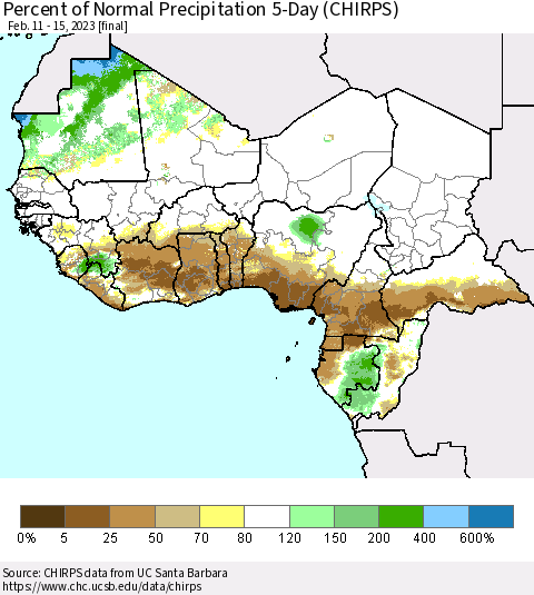 Western Africa Percent of Normal Precipitation 5-Day (CHIRPS) Thematic Map For 2/11/2023 - 2/15/2023