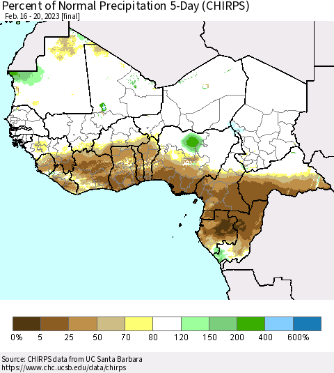 Western Africa Percent of Normal Precipitation 5-Day (CHIRPS) Thematic Map For 2/16/2023 - 2/20/2023