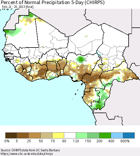 Western Africa Percent of Normal Precipitation 5-Day (CHIRPS) Thematic Map For 2/21/2023 - 2/25/2023