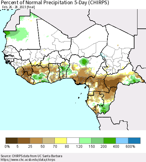 Western Africa Percent of Normal Precipitation 5-Day (CHIRPS) Thematic Map For 2/26/2023 - 2/28/2023