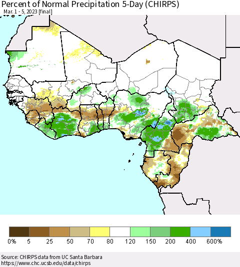 Western Africa Percent of Normal Precipitation 5-Day (CHIRPS) Thematic Map For 3/1/2023 - 3/5/2023