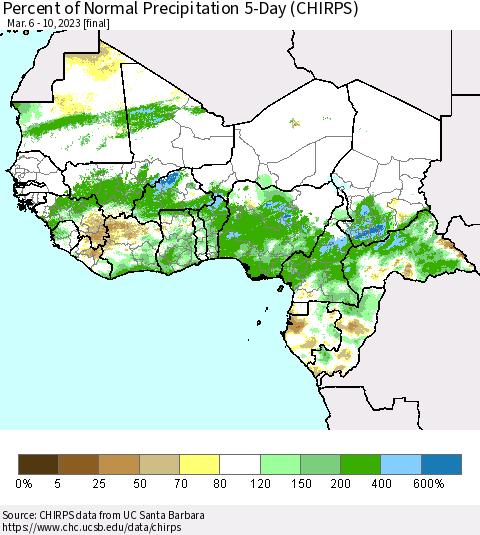 Western Africa Percent of Normal Precipitation 5-Day (CHIRPS) Thematic Map For 3/6/2023 - 3/10/2023