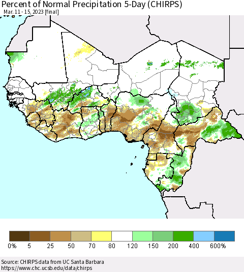 Western Africa Percent of Normal Precipitation 5-Day (CHIRPS) Thematic Map For 3/11/2023 - 3/15/2023