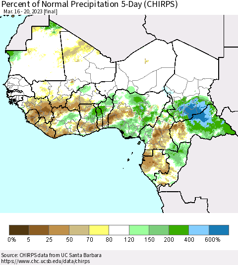 Western Africa Percent of Normal Precipitation 5-Day (CHIRPS) Thematic Map For 3/16/2023 - 3/20/2023