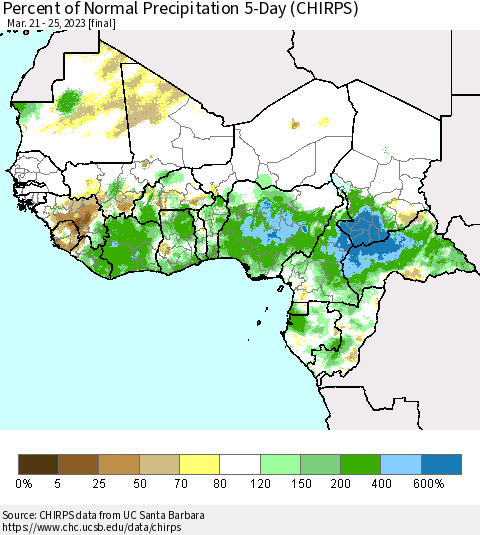 Western Africa Percent of Normal Precipitation 5-Day (CHIRPS) Thematic Map For 3/21/2023 - 3/25/2023