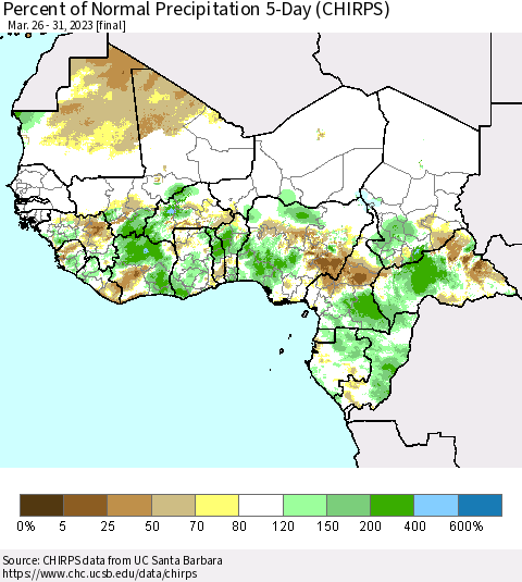 Western Africa Percent of Normal Precipitation 5-Day (CHIRPS) Thematic Map For 3/26/2023 - 3/31/2023