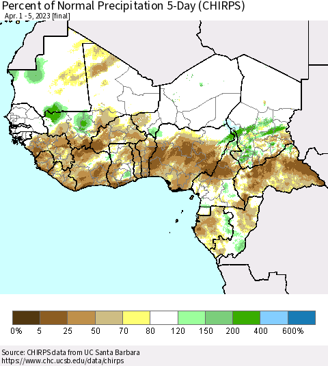 Western Africa Percent of Normal Precipitation 5-Day (CHIRPS) Thematic Map For 4/1/2023 - 4/5/2023