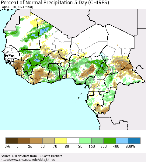 Western Africa Percent of Normal Precipitation 5-Day (CHIRPS) Thematic Map For 4/6/2023 - 4/10/2023