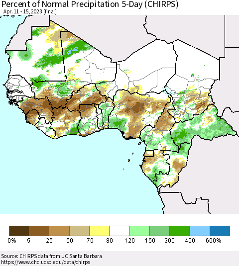 Western Africa Percent of Normal Precipitation 5-Day (CHIRPS) Thematic Map For 4/11/2023 - 4/15/2023