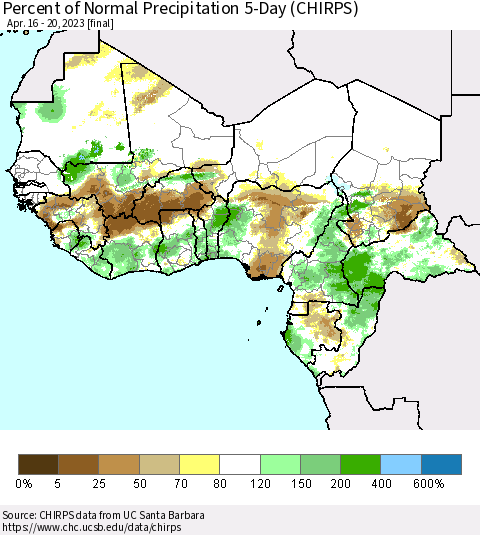Western Africa Percent of Normal Precipitation 5-Day (CHIRPS) Thematic Map For 4/16/2023 - 4/20/2023